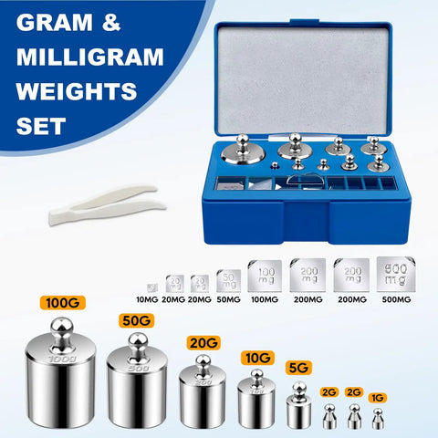 Precision Calibration Weights Kit For Digital Scales With Tweezers 17 Piece Set From 10 Milligrams To 100 Grams in blue case