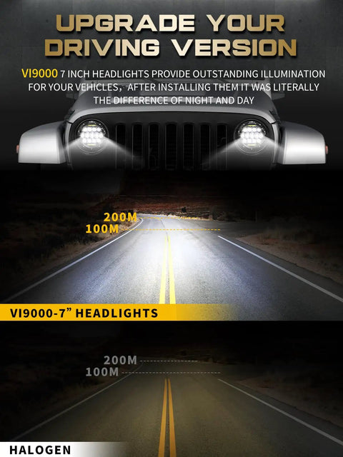 Night comparison of vehicle headlights with 7 Inch Round LED Headlights H6024 Hi Lo Beam DRL DOT Approved Black Housing