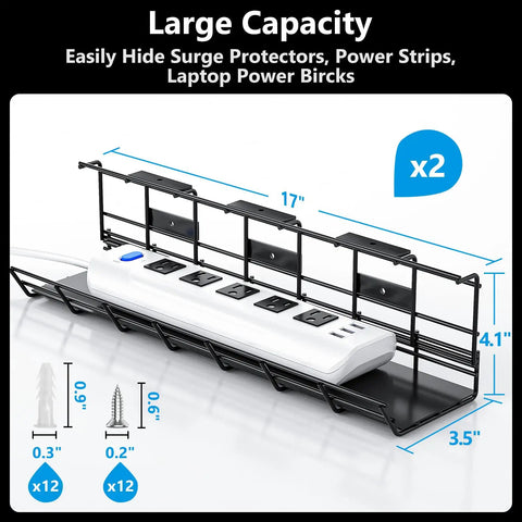 2 Pack Under Desk Cable Management Tray Set holding power strip, showing metal build and dimensions for office or home workstations.