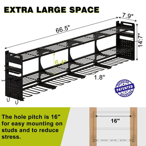 Power Tool Organizer Wall Mount With 16 Slots, 3 Tier Drill And Cordless Tool Storage Holder, Pegboard Sides, Space Saving Design For Easy Access In Garage And Workshop Black, dimensions 66.5x14.7x7.9 inches.