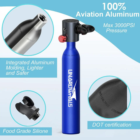 Ultra Portable Mini Scuba Tank for Quick Dives, 0.5L Capacity, 3000 PSI Max, Blue Aluminum Build, Lightweight Dive Cylinder