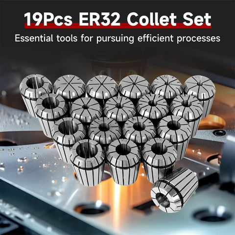ER32 Collet Set 19Pcs For CNC Engraving And Milling Lathe Tools 2mm To 20mm Range with precision collets displayed