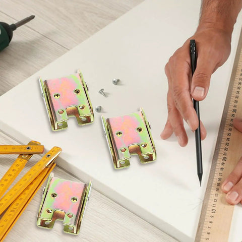 Four Sets Golden Metal Folding Cabinet Door Hinges 90 Degree Self Locking Mechanism shown on table with installation tools