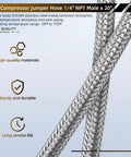 Top Notch Twenty Inch Stainless Steel Braided Air Compressor Jumper Hose Features One Quarter Inch Npt Male Fittings That Handle Four Hundred Fifty Psi Plus Extreme Heat For Heavy Duty Shop Projects Without Breaking A Sweat, showing braided design.
