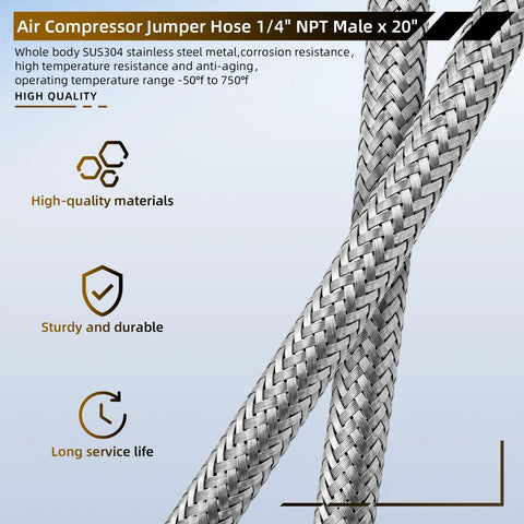 Top Notch Twenty Inch Stainless Steel Braided Air Compressor Jumper Hose Features One Quarter Inch Npt Male Fittings That Handle Four Hundred Fifty Psi Plus Extreme Heat For Heavy Duty Shop Projects Without Breaking A Sweat, showing braided design.