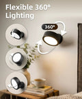 Cordless Led Wall Sconce With Rechargeable Battery Dimmable Touch And Remote Controls Three Warm To Cool Temperatures 360 Degree Rotation Zero Drilling Renter Ready Upgrade That Goes Hard For Bedroom Bedside Vibes Black Pack Of Two showing flexible 360° lighting features.