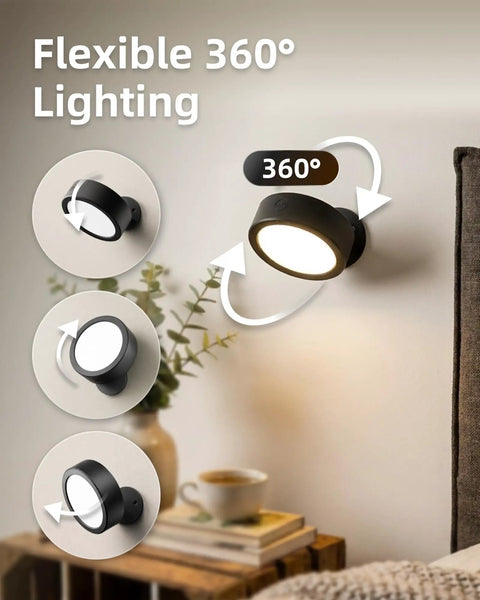 Cordless Led Wall Sconce With Rechargeable Battery Dimmable Touch And Remote Controls Three Warm To Cool Temperatures 360 Degree Rotation Zero Drilling Renter Ready Upgrade That Goes Hard For Bedroom Bedside Vibes Black Pack Of Two showing flexible 360° lighting features.