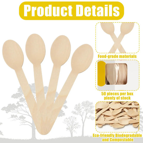 50 Pcs Disposable Wooden Spoons 6.3 Inch, Eco Friendly Biodegradable Cutlery, shown in product details with eco features.