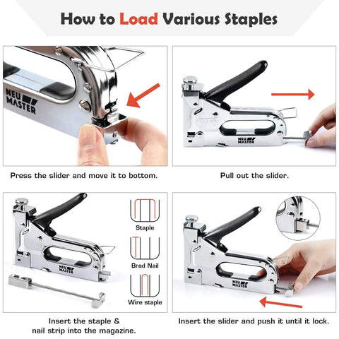 Diagram showing how to load the 3 In 1 Heavy Duty Staple Gun Set With Remover All Steel Construction 2000 Staples Pro Grade