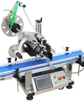 Automatic Flat Labeling Machine With Desktop Conveyor For High Speed Sticker Application features a blue conveyor and controls.