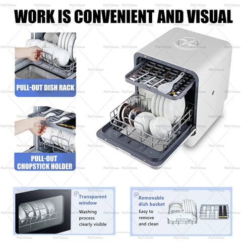 Compact Countertop Dishwasher Handles The Heavy Lifting With Automatic 1000 Watt Cleansing Cycles Spanning Eco Intensive And Quick Wash Options For Total No Fuss Kitchen Refresh showing pull-out dish rack and chopstick holder.