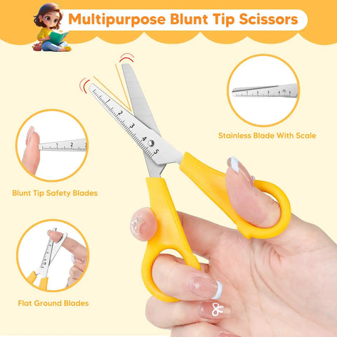 Bulk Pack Of 12 Kids Safety Scissors, 5 Inch Scissors For School And Craft, Soft Grips With Non Slip Handles, Rounded Safety Tips, Lightweight For Ages 4 5 6 7 8 9 10 12, Ideal Classroom And Craft Set, yellow blunt tip safety scissors with ruler scale