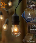 Warm 48 Foot Outdoor String Lights With Vintage Edison Bulbs 15 Bulbs At 11W Waterproof UL Listed; close-up of glowing bulb.