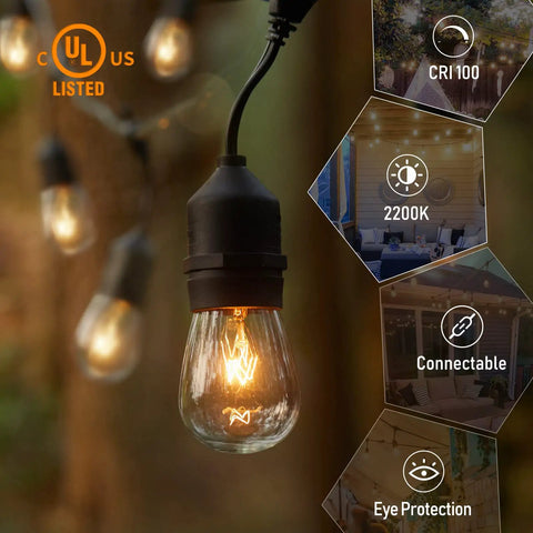 Warm 48 Foot Outdoor String Lights With Vintage Edison Bulbs 15 Bulbs At 11W Waterproof UL Listed; close-up of glowing bulb.