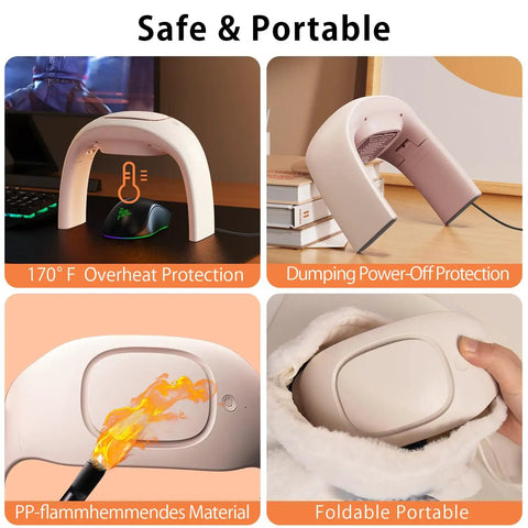 Cozy Heated Mouse Pad Hand Warmer With Quiet Operation, shown in beige, highlighting foldable design and safety features on desk.