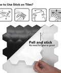 Instructions for DIY Friendly Peel And Stick Backsplash Tiles Set For Kitchen And Bathroom shown in step-by-step images.