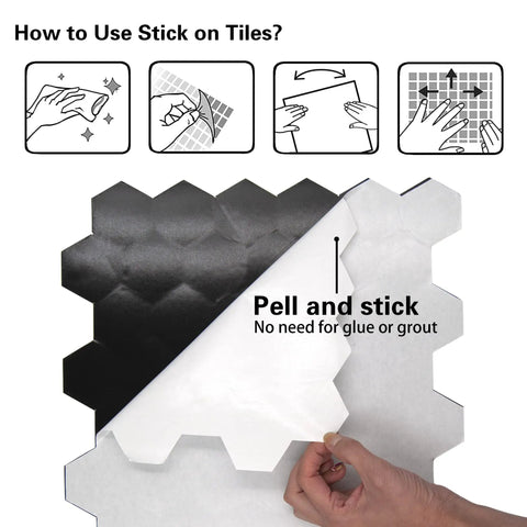 Instructions for DIY Friendly Peel And Stick Backsplash Tiles Set For Kitchen And Bathroom shown in step-by-step images.