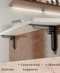 Heavy Duty Shelf Brackets 2 Pack, Tough As Nails Designer Metal Corbels For Mantels, Countertops And Decorative Shelving, 12 X 12 X 2 Inches, Black Wrought Iron Finish, Handles Over 500 Lb Per Pair, Built From American Steel supporting a countertop
