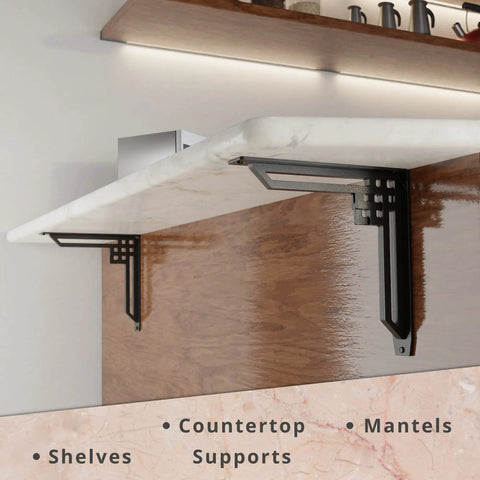Heavy Duty Shelf Brackets 2 Pack, Tough As Nails Designer Metal Corbels For Mantels, Countertops And Decorative Shelving, 12 X 12 X 2 Inches, Black Wrought Iron Finish, Handles Over 500 Lb Per Pair, Built From American Steel supporting a countertop