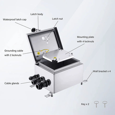 Diagram of IP65 Weatherproof Stainless Steel Wall Mount Enclosure Box With Mounting Plate And Wall Bracket Measuring 10x8x6 Inches