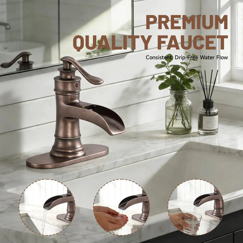Copper Farmhouse Bathroom Sink Faucet With Waterfall Spout Boss Built To Last Pop Up Drain Stopper on marble counter.