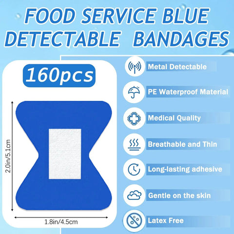 Blue Food Service Bandages With Detectable Waterproof Adhesive And Quilt Aid Pad, 1.75 By 2 Inches, 160 Count