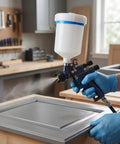 Professional Grade Hvlp Paint Spray Gun Kit With 600Ml Reusable Cup And 1Point3Mm Nozzle For Auto Paint And Diy Creations in use on a painted cabinet door.