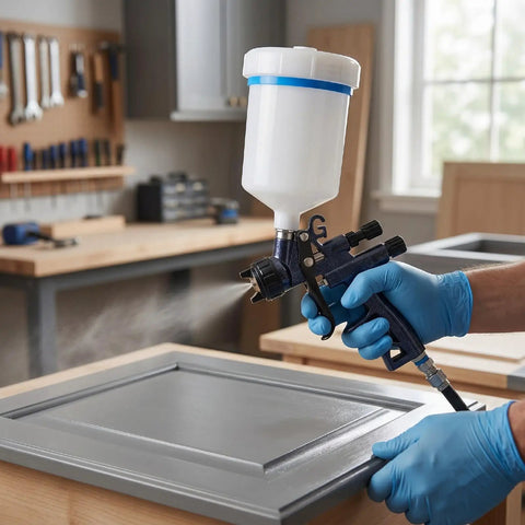 Professional Grade Hvlp Paint Spray Gun Kit With 600Ml Reusable Cup And 1Point3Mm Nozzle For Auto Paint And Diy Creations in use on a painted cabinet door.