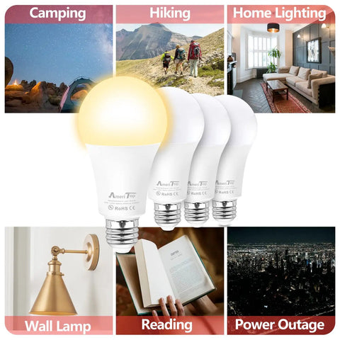 Rechargeable Emergency LED Light Bulb 2 Pack With Battery Backup A19 E26 Base 850 Lumens 9W 60W with various usage scenarios.