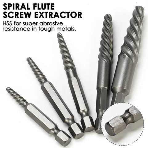Close-up of spiral flutes from Stripped Screw And Bolt Extractor Set With Left Hand Drill Bits, 5-piece tool detail.