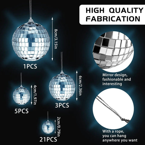 30 Pcs Mini Disco Ball Ornaments Hanging Mirror Balls For Party Decor Wedding in assorted sizes with hanging ropes