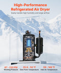 High-Performance Refrigerated Air Dryer displayed against snowy backdrop, highlighting dew point and temperature range.