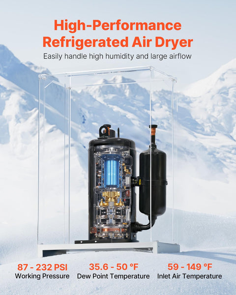 High-Performance Refrigerated Air Dryer displayed against snowy backdrop, highlighting dew point and temperature range.