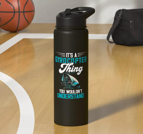 Its A Gyrocopter Thing Water Bottle For Flight Crew And Gyroplane Fans Stainless Steel Insulated Bottle Keeps Drinks Cold Or Hot Aviation Gift For Pilots And Enthusiasts on a basketball court.