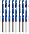 Front view: 10 blue-coated O-flute CNC router bits with 1/8 in shank, upcut, for MDF, acrylic, PVC, wood.