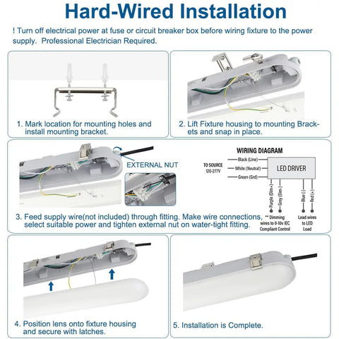 Installation guide for 4Ft LED Vapor Tight Light 60W 6600lm Waterproof Outdoor Shop Fixture with wiring diagram and assembly steps.
