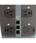 Close-up of 10 Outlet Surge Protector Power Strip With 8 Foot Cord Tel DSL RJ11 Protection For Phone Lines Router PC And More Guards