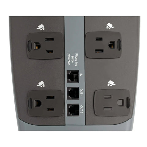 Close-up of 10 Outlet Surge Protector Power Strip With 8 Foot Cord Tel DSL RJ11 Protection For Phone Lines Router PC And More Guards