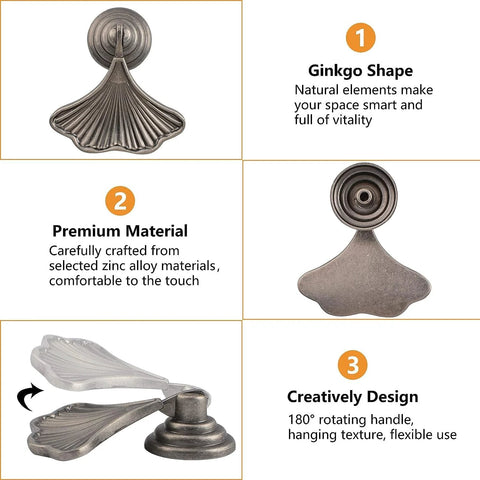 Ginkgo Leaf Shape Knob Handles, 2 Pack Antique Nickel Zinc Alloy Drawer Pulls, labeled features, zinc alloy material, 180° rotating design