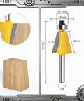 Top Shelf Five Piece Chamfer Router Bit Set With Quarter Inch Shank delivering sweet cuts from 11.5 to 45 degrees showing detailed measurements and yellow blade.
