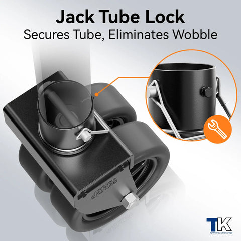 Heavy Duty 2,500 Lbs Dual 6 Inch Beefed Up Trailer Jack Swivel Caster with spoked wheels and bracket, close-up view
