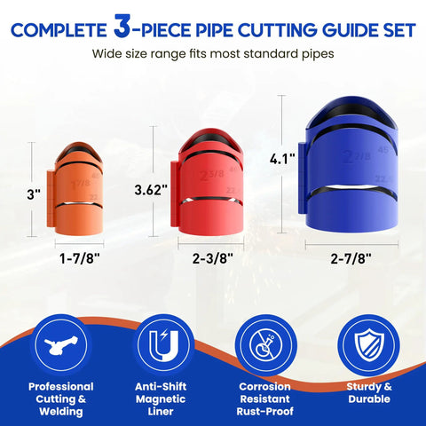 High Precision Metal Pipe Cutting Guide Kit With Magnetic Saddle Template for 22.5 45 and 90 degree cuts in three sizes