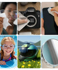 Ageantscom anti-fog wipes for glasses and lenses; individually wrapped, pre-moistened. Uses shown on glasses, camera, phone.