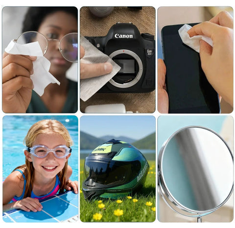 Ageantscom anti-fog wipes for glasses and lenses; individually wrapped, pre-moistened. Uses shown on glasses, camera, phone.