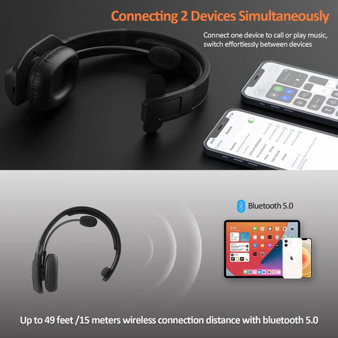 Bluetooth Headset With Microphone For Trucker And Remote Work, AI Noise Cancelling, Mute Button, Wireless On-Ear Headphones