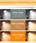 Image showing 3 color modes and 3 brightness levels of 2 Pack Rechargeable Clip On Book Light With 10 LEDs.