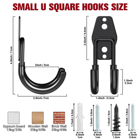 Small U square garage hook sizes with installation screws and wall plugs for Six Pack Garage Storage Hooks Heavy Duty Wall Mount Organizer