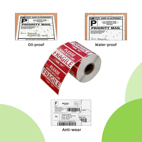 Roll of Fragile Stickers 2x3 Inches For Shipping And Moving With Permanent Adhesive 500 Labels On One Roll Please Handle With Care Do Not Drop Warning Labels, surrounded by product examples showing oil-proof, waterproof, and anti-wear features.