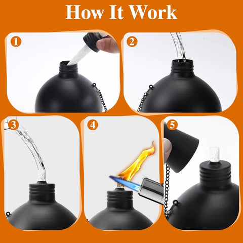 Six Pack Citronella Tabletop Torches For Outdoor Vibes, 25 Oz Metal Oil Burners With Fiberglass Wick setup process