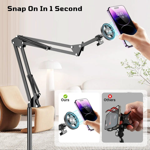 Floor Magnetic Phone Holder For Bedside Use, Adjustable Bed Mount For iPhone MagSafe, demo of snap-on feature